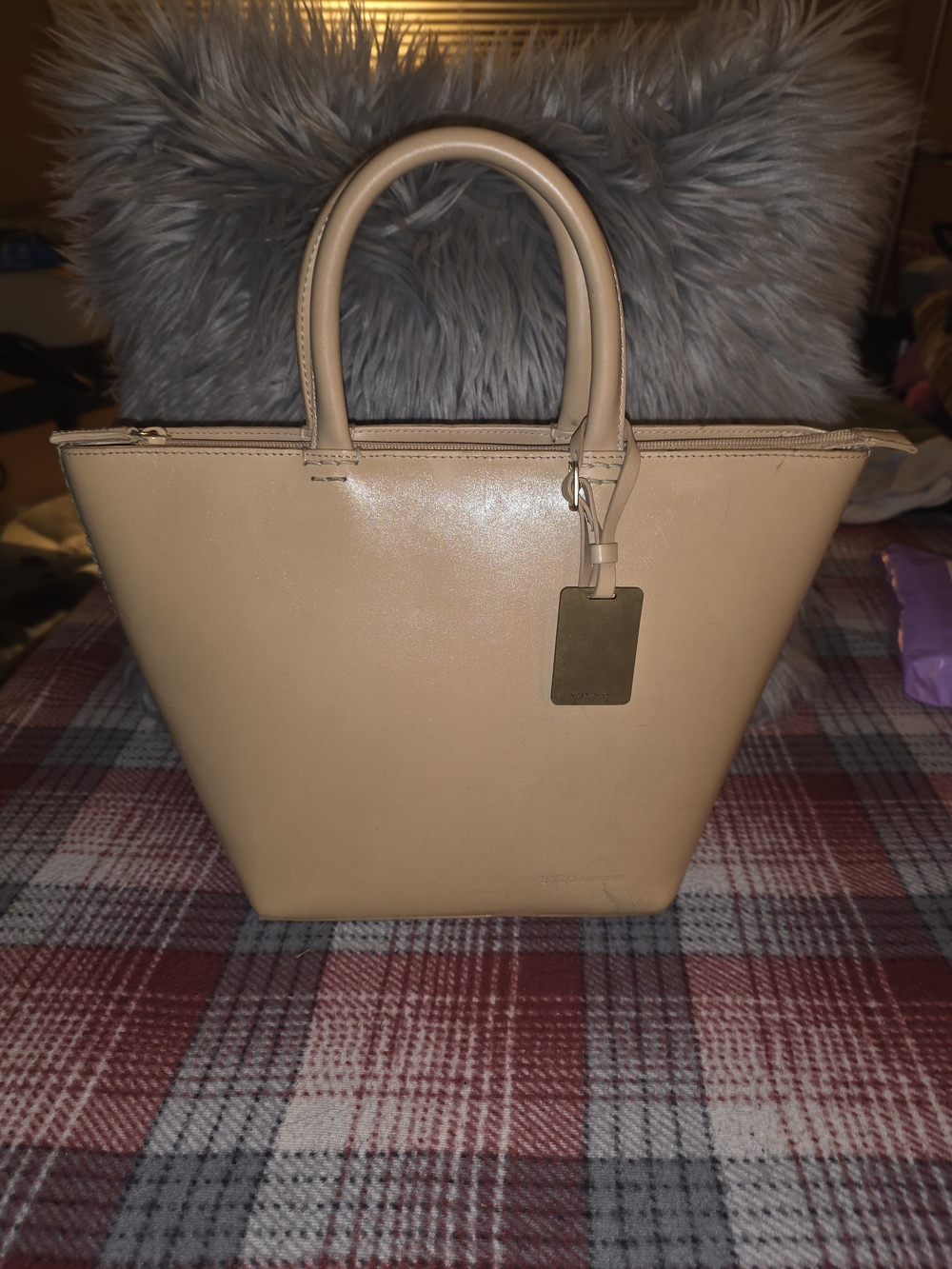 Enzo Beige Structured Leather Tote Bag with Handle